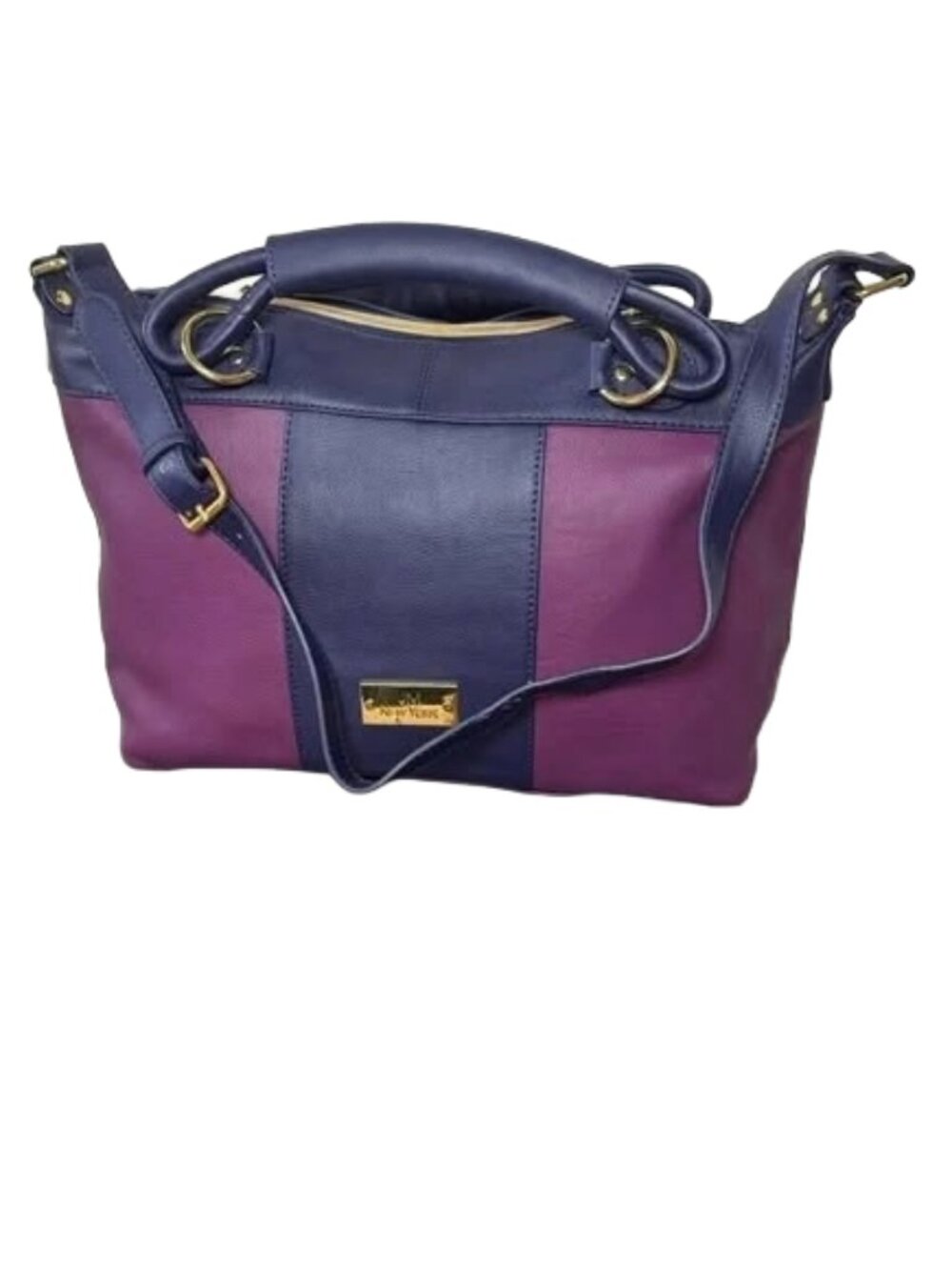Two-Tone Purple and Navy Genuine Leather Tote with Gold Hardware